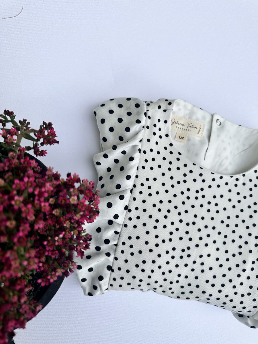 Girl`s White Middle Dress with Black Dots - Image 2