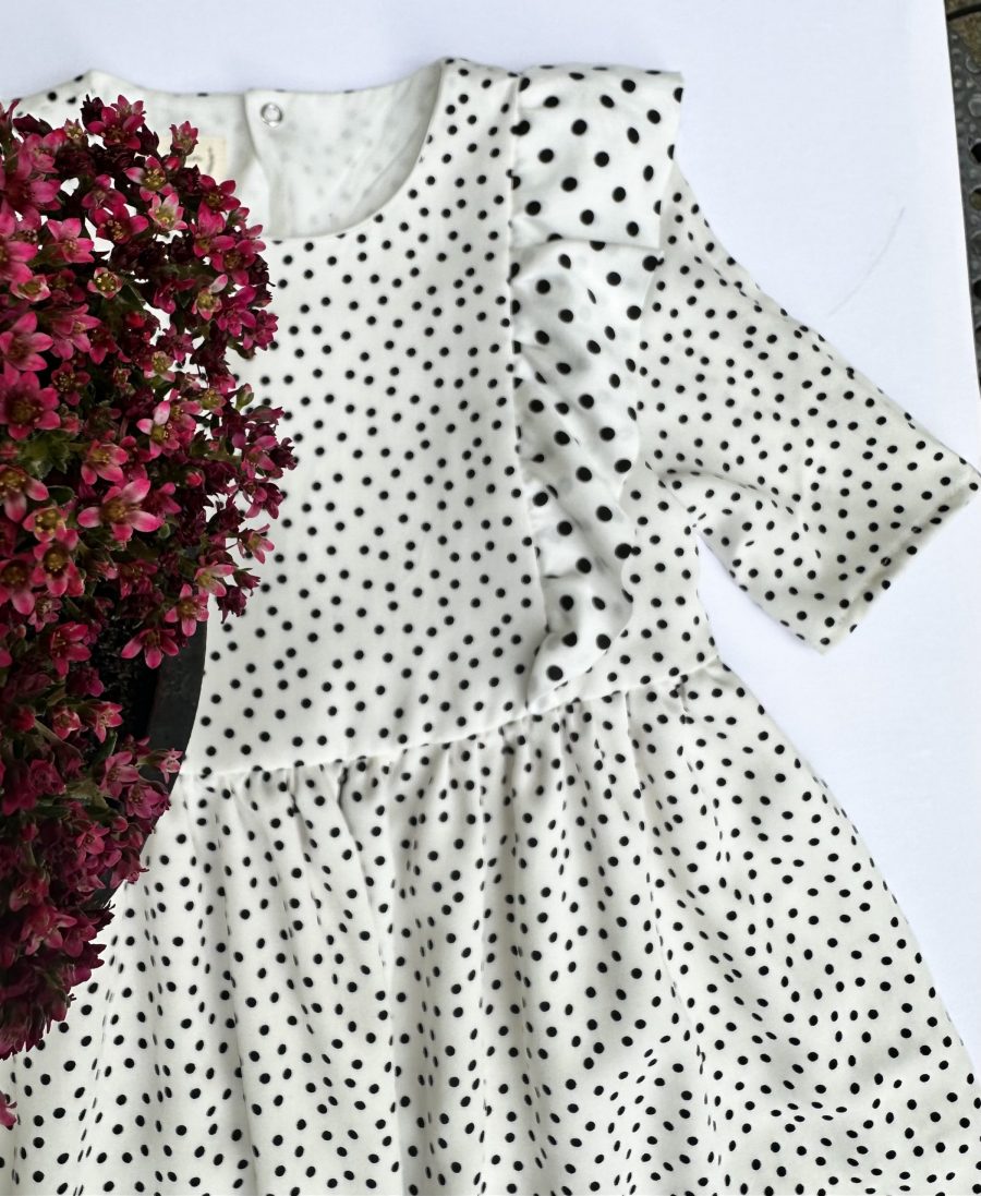 Girl`s White Middle Dress with Black Dots - Image 4