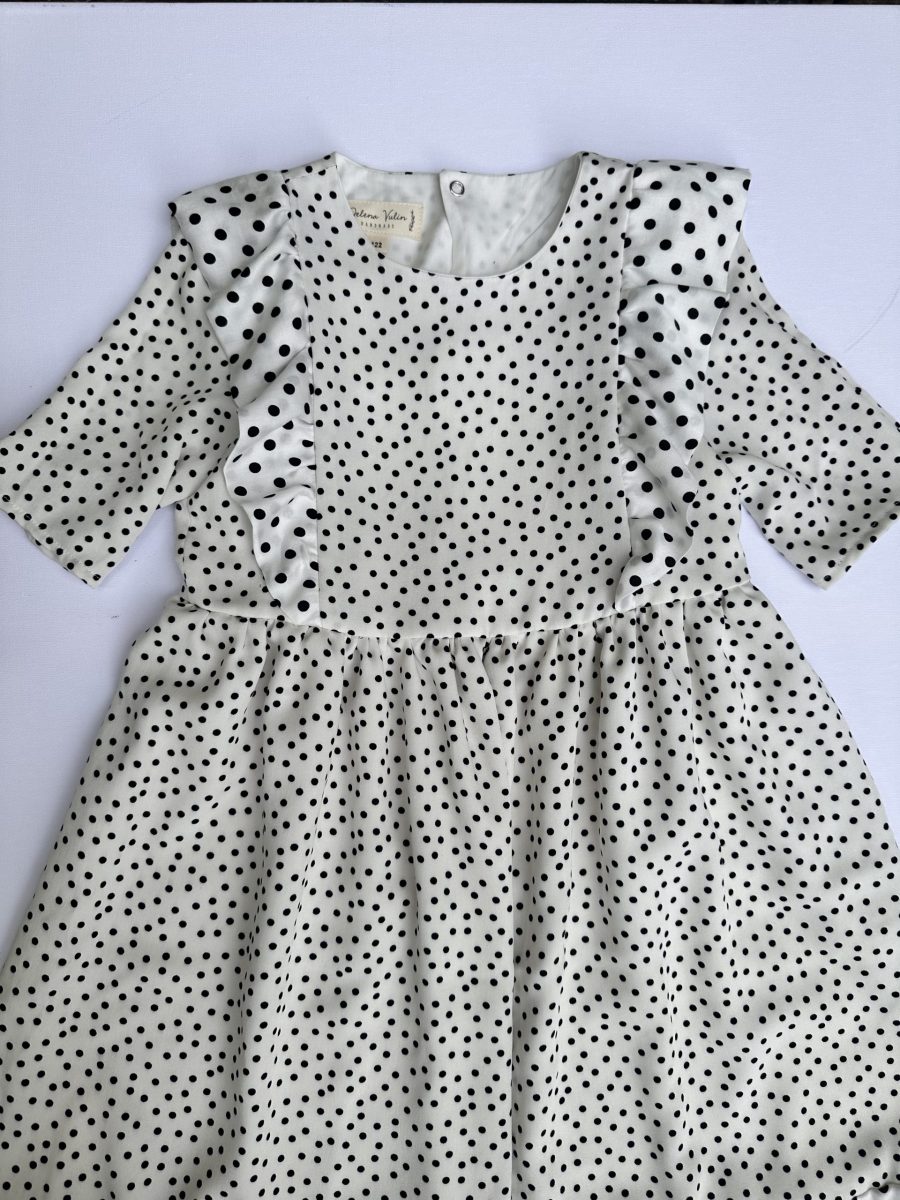 Girl`s White Middle Dress with Black Dots