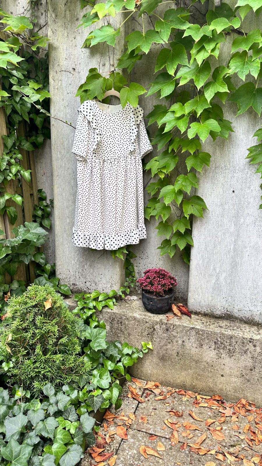 Girl`s White Middle Dress with Black Dots - Image 7